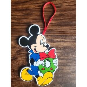 Vintage Disney Kurt Adler Mickey Mouse & Wreath Wood Christmas Ornament